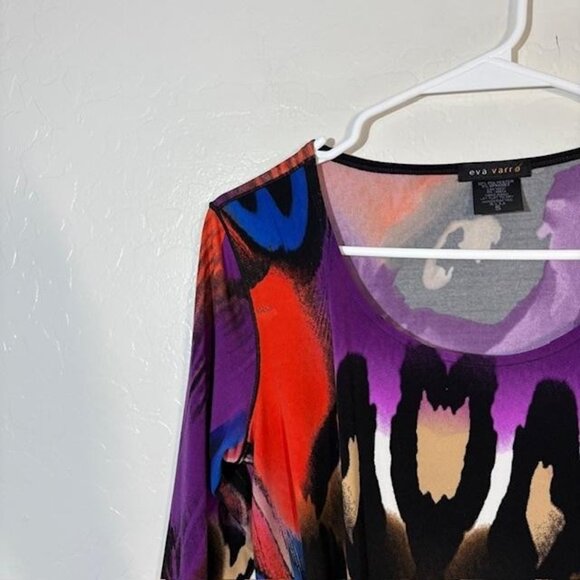 Eva Varro Shirt Womens Small Purple Twist Front 3/4 Sleeve Abstract Made USA - Picture 2 of 7